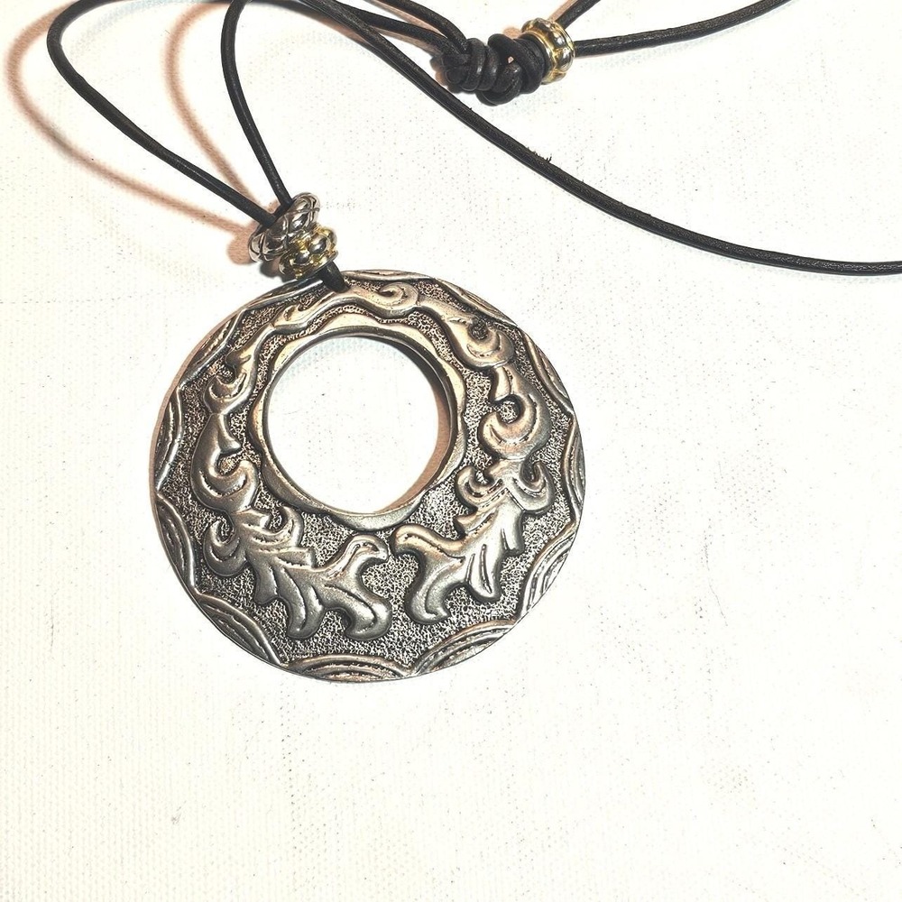 Vintage Silver Tone Embossed Scroll Circle Pendant Necklace Black Cord Boho
